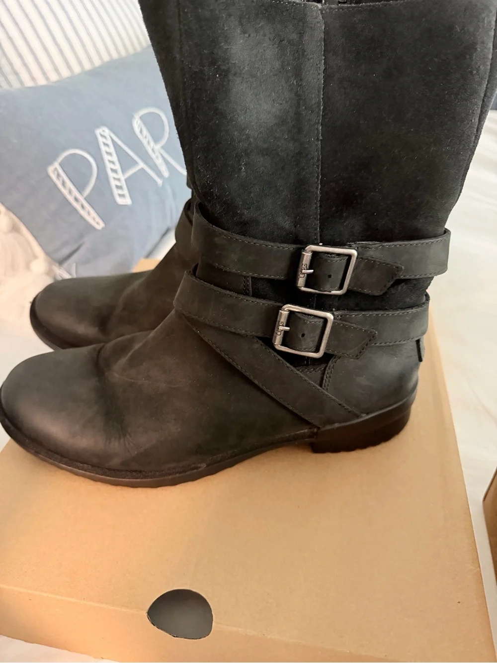 UGG Lorna Black Mid-Calf Buckle Boots